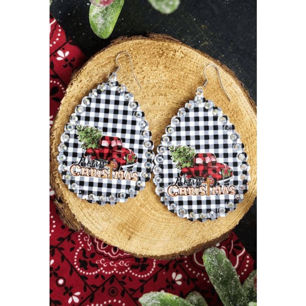 Christmas Tree Truck Black Plaid Scalloped Teardrop Earrings